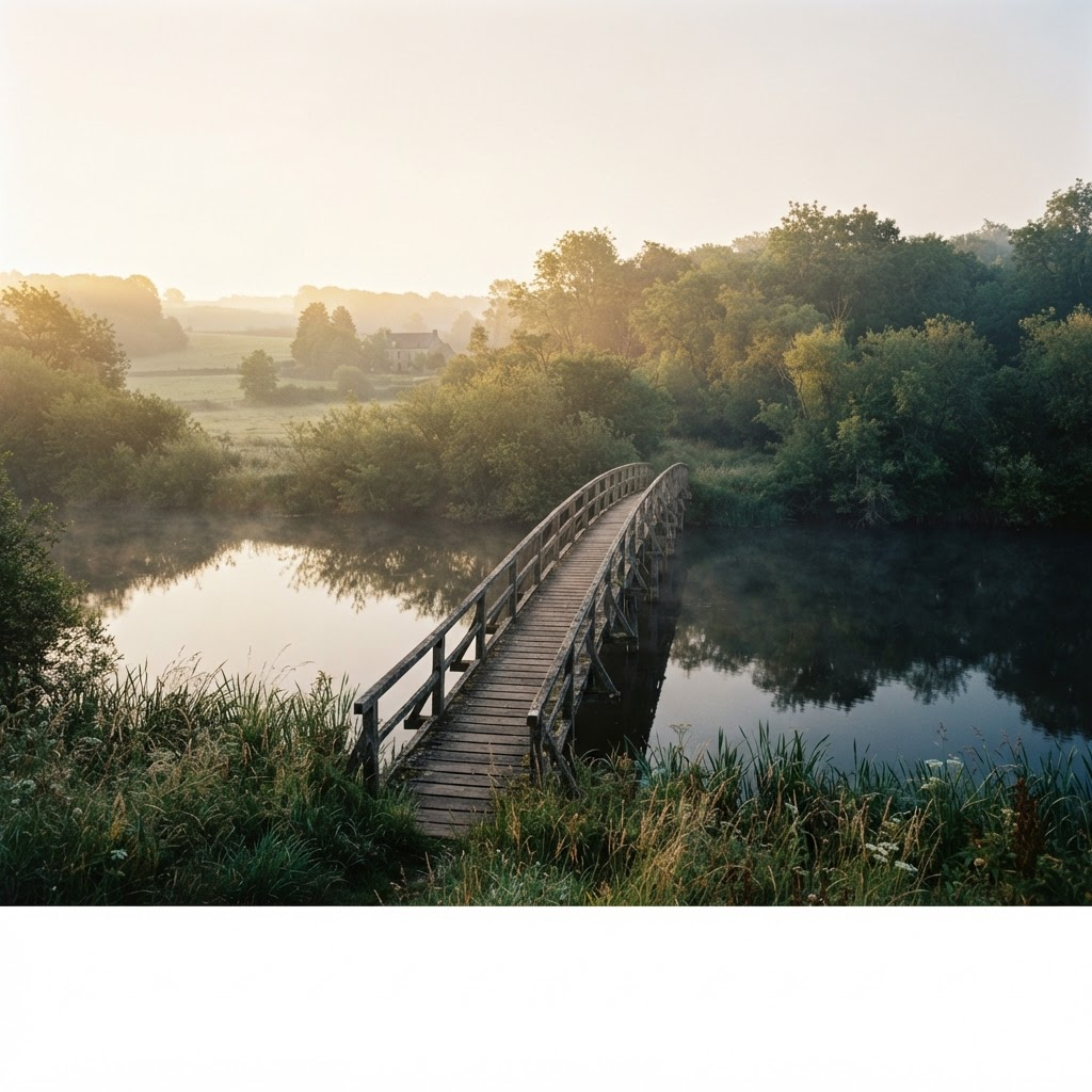 Passerelle en bois traversant une rivière au petit matin
